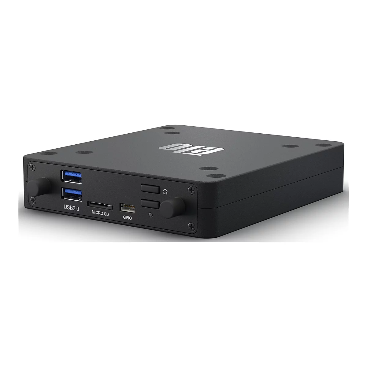 Schwarze Elo Computerbox mit USB 3.0, Micro-SD und GPIO-Anschlüssen vor weißem Hintergrund.