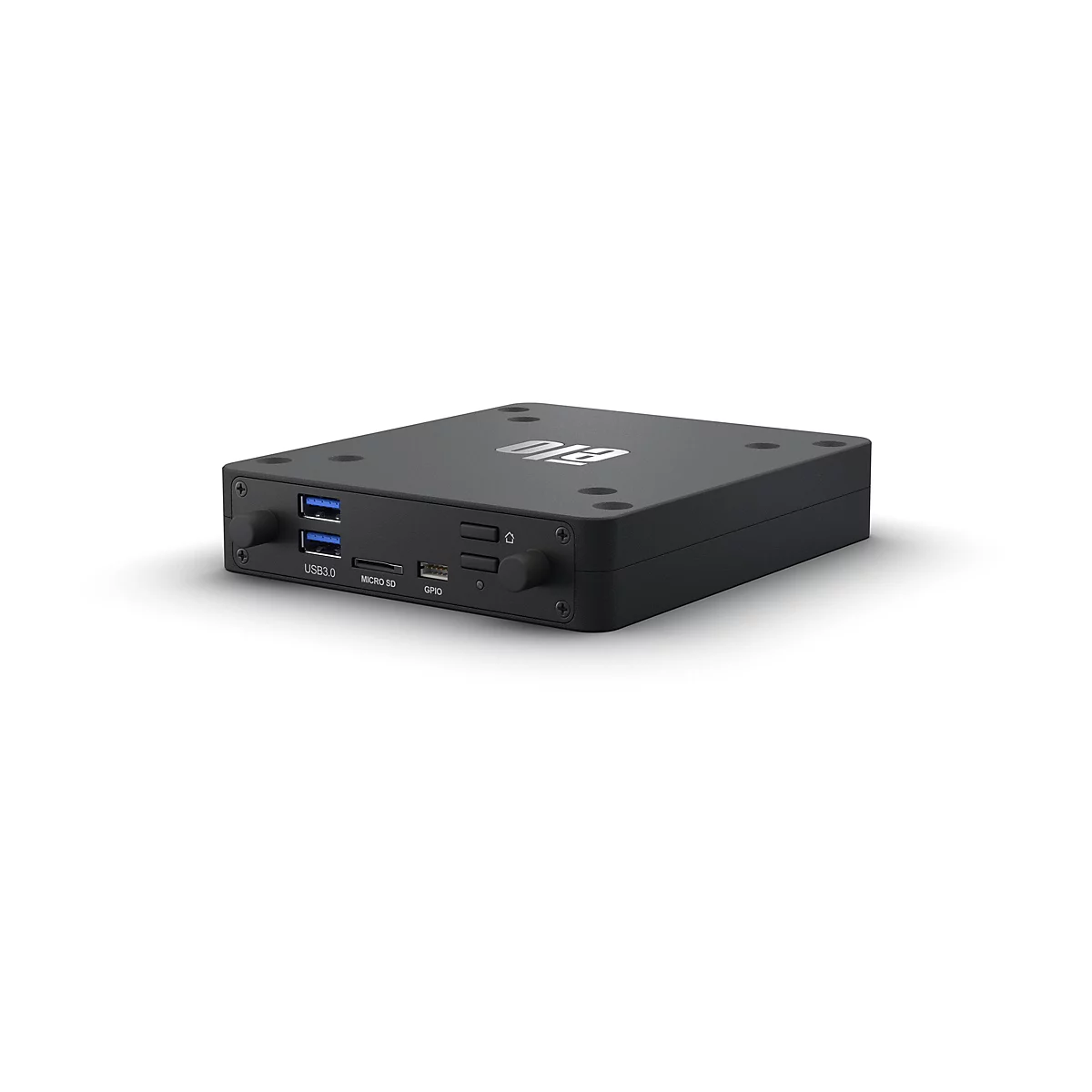 Schwarze, flache Elo Computer-Box mit Anschlüssen für USB 3.0, Micro SD und GPIO auf der Vorderseite.