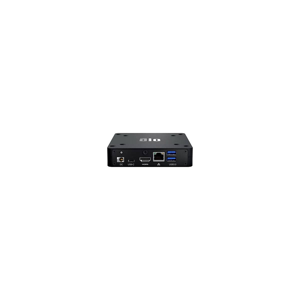 Schwarzer, rechteckiger Mini-PC mit Anschlüssen für Strom, USB-C, HDMI, Ethernet und USB 3.0. Der Name "ELO" ist aufgedruckt.