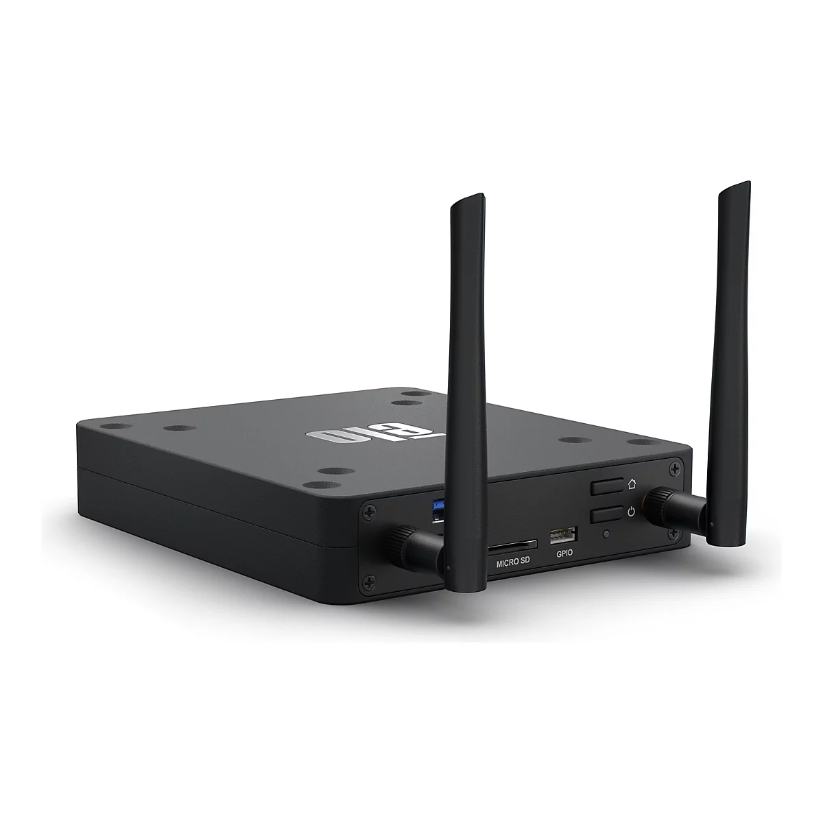 Schwarzes Netzwerkgerät mit Antennen, SD-Kartenslot und Anschlüssen. Aufschrift: MICRO SD, GPIO.