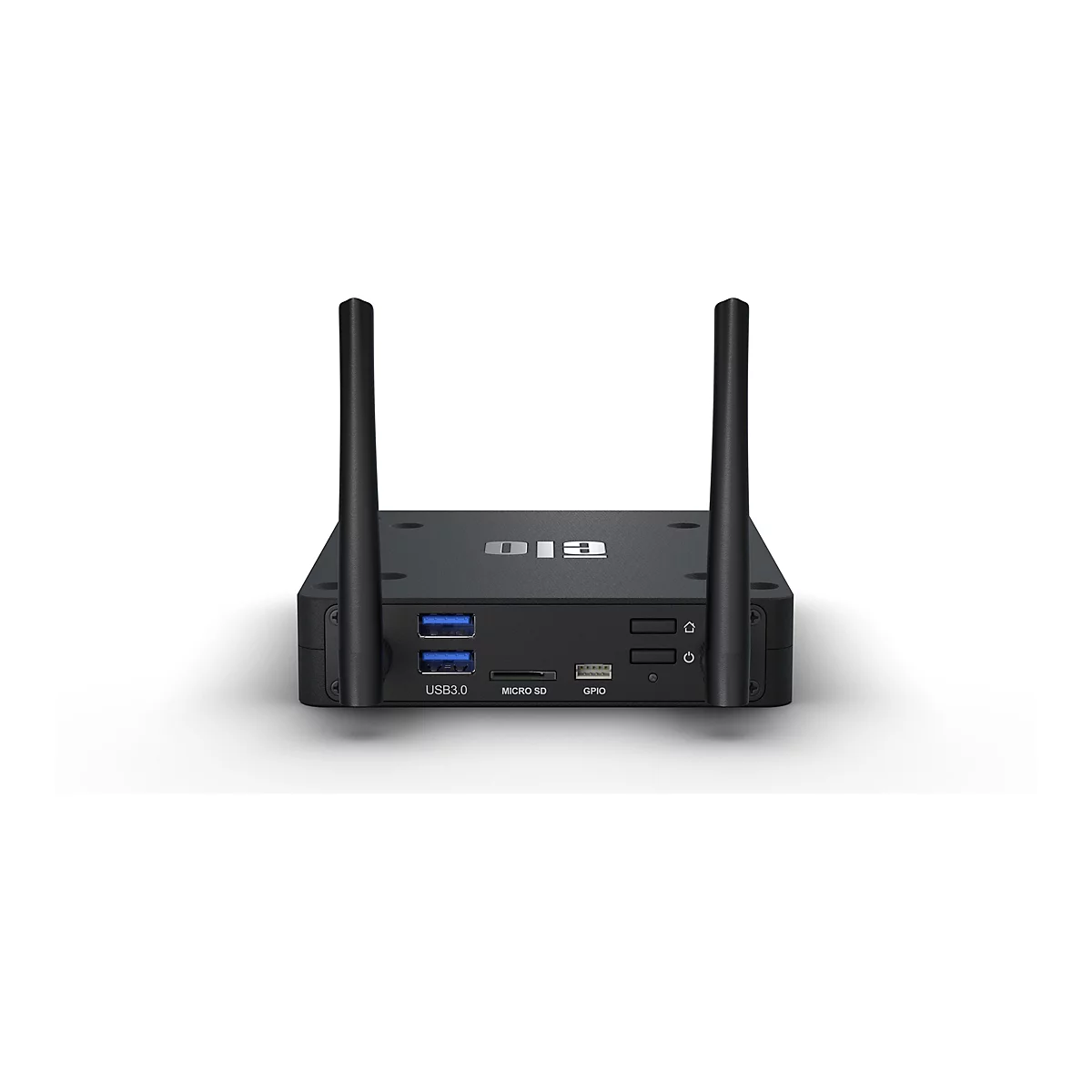 Schwarzer Mini-PC mit zwei Antennen. Auf der Front: USB 3.0, Micro SD, GPIO. Oberhalb: Schriftzug "DIA".