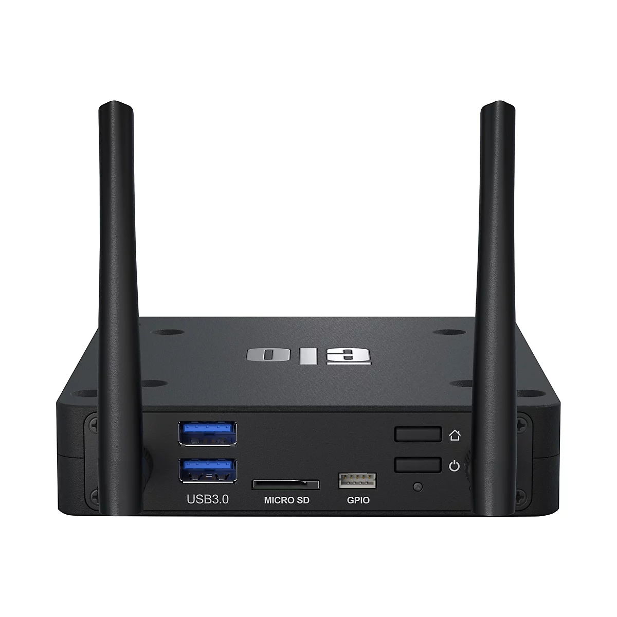 Schwarzer Medienplayer mit zwei Antennen. USB, Micro-SD und GPIO-Anschlüsse sind zu sehen.