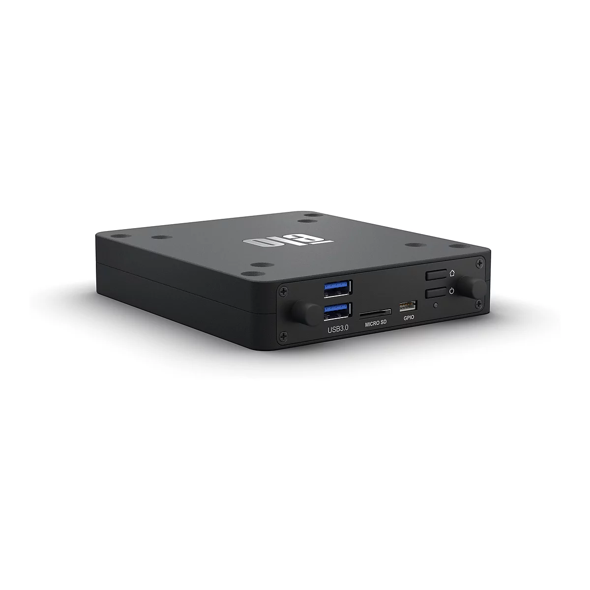 Schwarzes, rechteckiges Gerät mit Anschlüssen für USB 3.0, Micro-SD und GPIO. Oben befinden sich kreisförmige Öffnungen und das Logo der Marke.