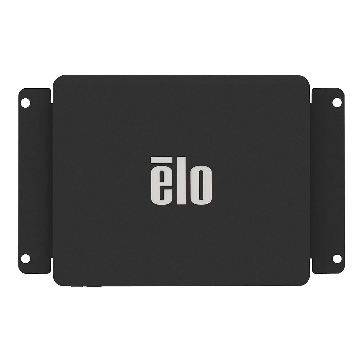 Schwarzes Gerät mit weißem „ëlo“-Logo. Seitlich sind Halterungen mit Löchern angebracht.