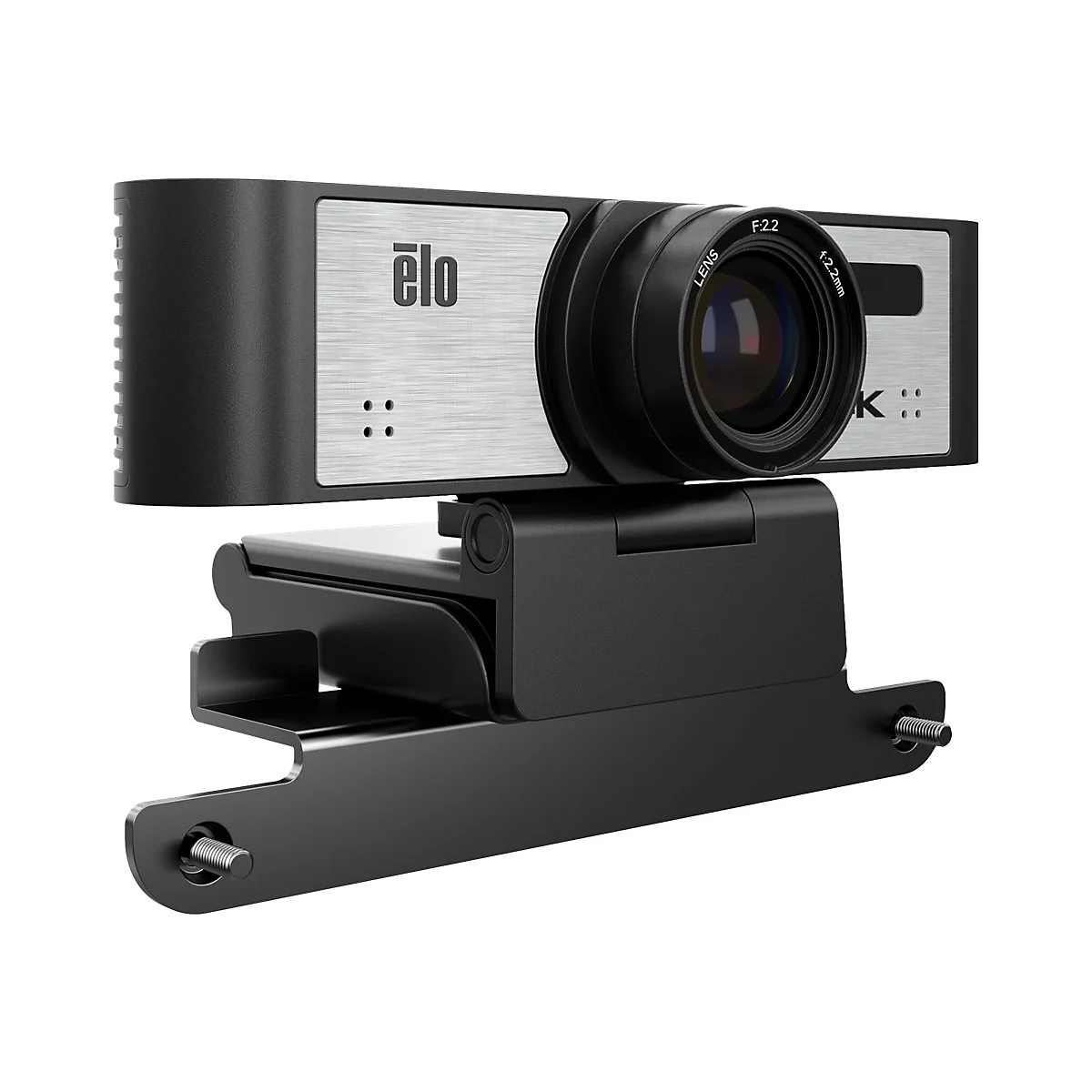 Schwarze Webcam mit Logo "elo" und Objektiv, auf Halterung montiert. Beschriftung: F2.2 1:2.2mm.