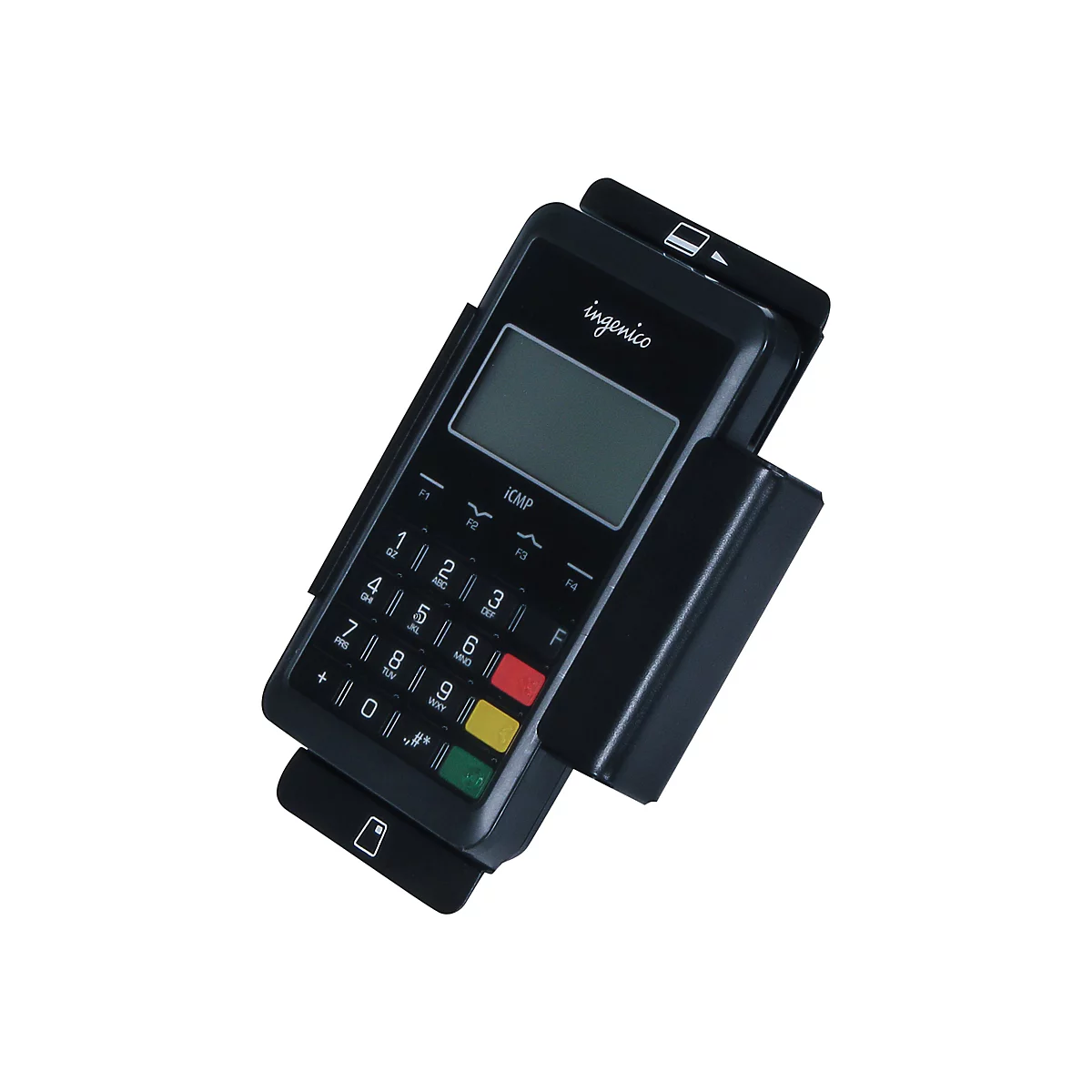 Schwarzes Ingenico-Kartenlesegerät mit numerischer Tastatur, Display und seitlichem Kartenleser. Oben steht der Name "ingenico".