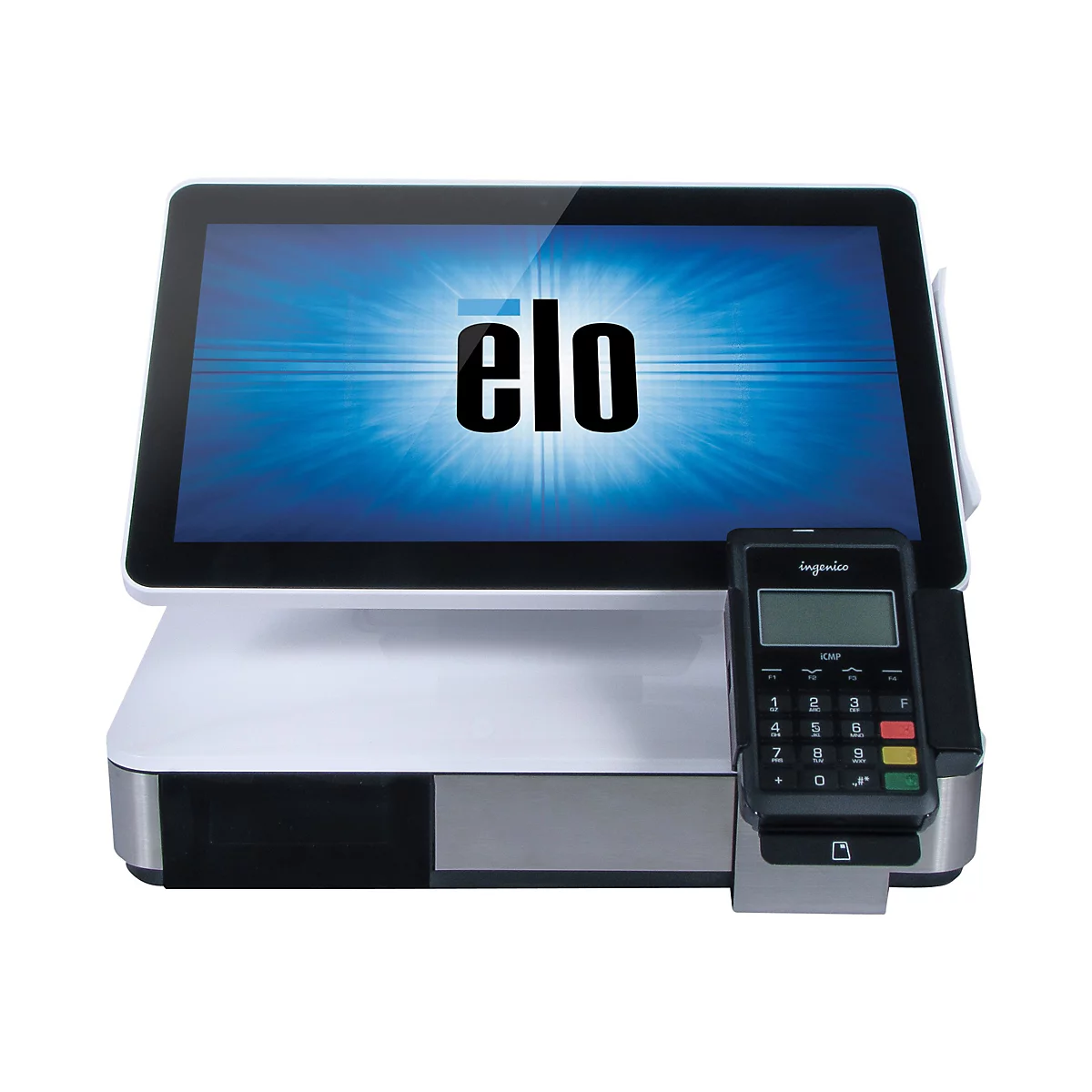 Ein Kassensystem mit Touchscreen, auf dem "elo" steht, und einem Kartenterminal.