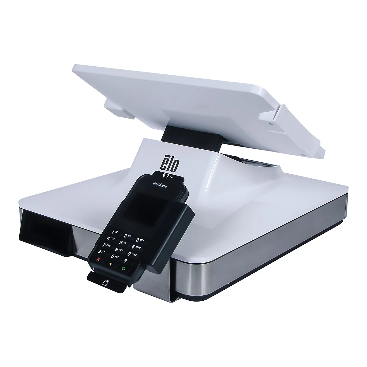 Ein weißes Kassensystem mit einem schwarzen Kartenlesegerät. Auf dem Bildschirm steht "elo" und "Verifone".