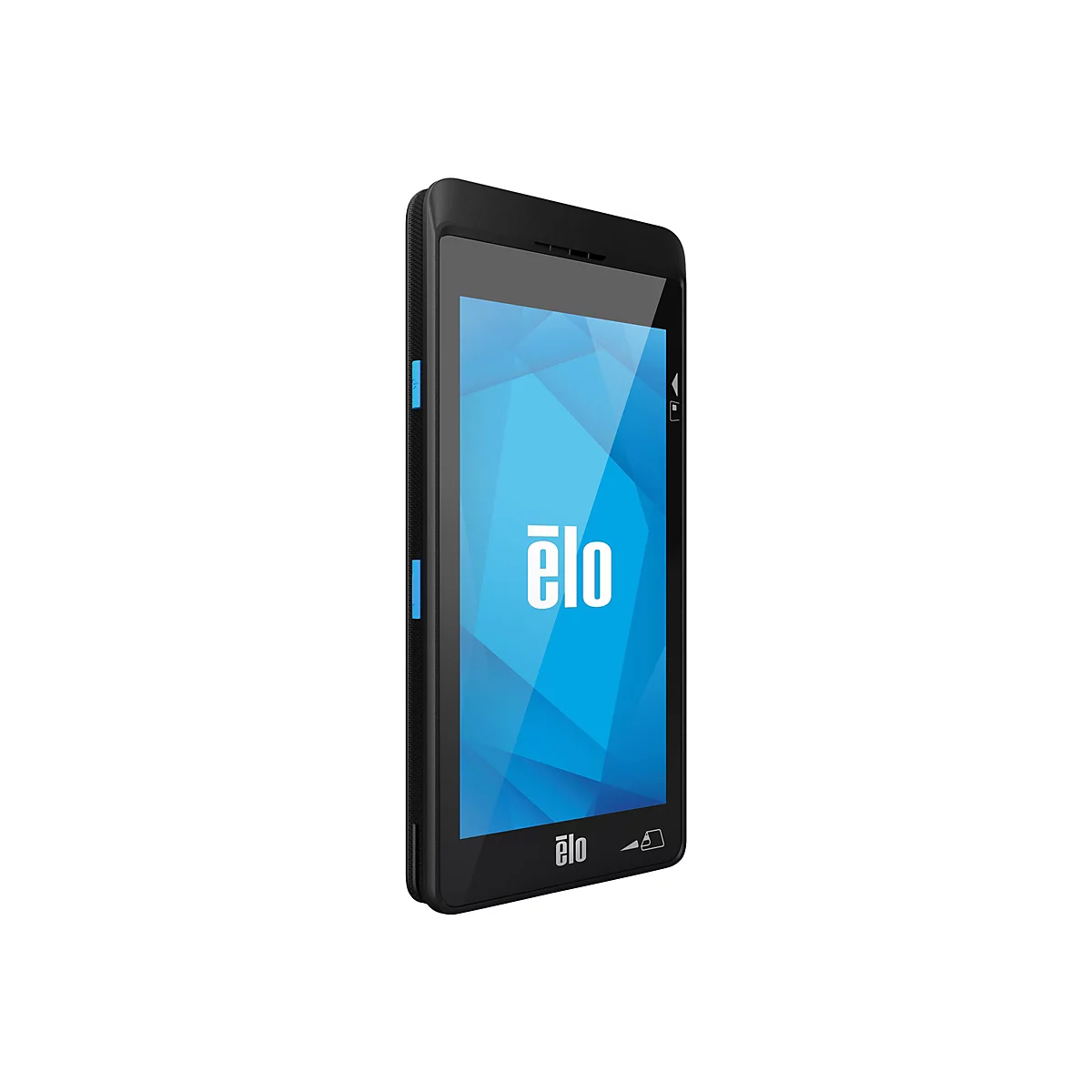 Ein schwarzes Tablet im Hochformat, Elo-Logo auf blauem Bildschirm. Blaue Tasten an der Seite, ein weißer Hintergrund.