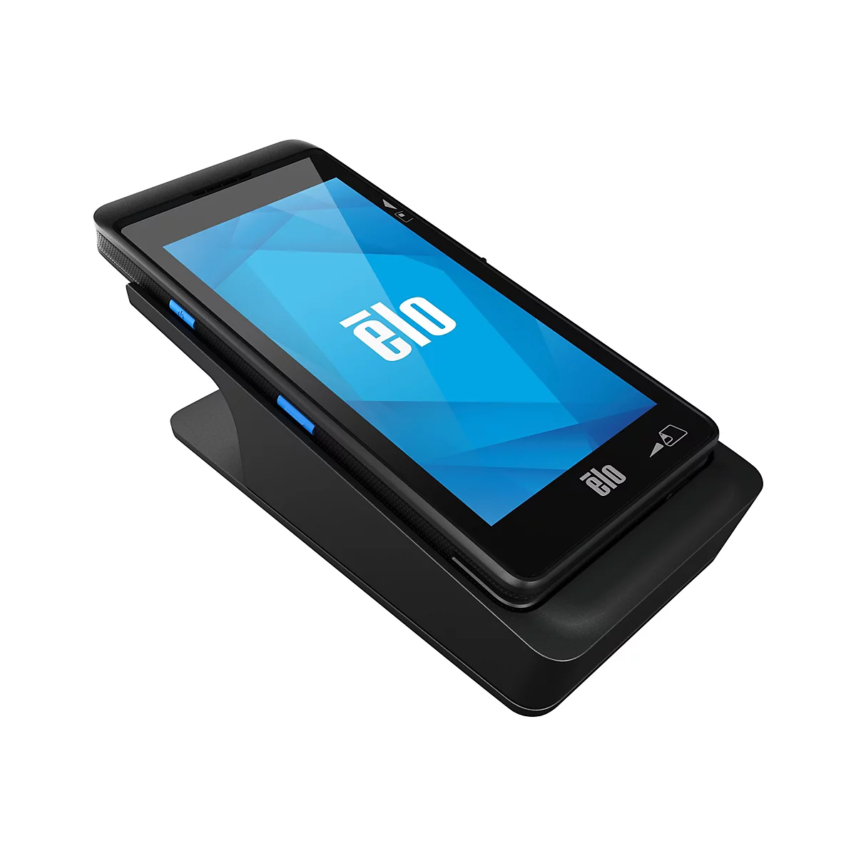 Ein schwarzes Elo-Touchscreen-Gerät, das in einer Halterung auf einem weißen Hintergrund steht. Das Display zeigt das Elo-Logo auf blauem Grund.