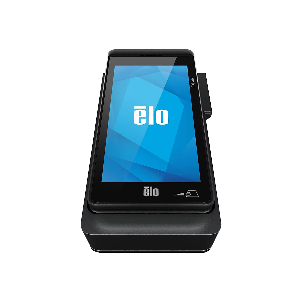 Ein schwarzes Kassenterminal mit einem Touchscreen, auf dem das Logo "ëlo" steht. Das Gerät steht auf einem Sockel.