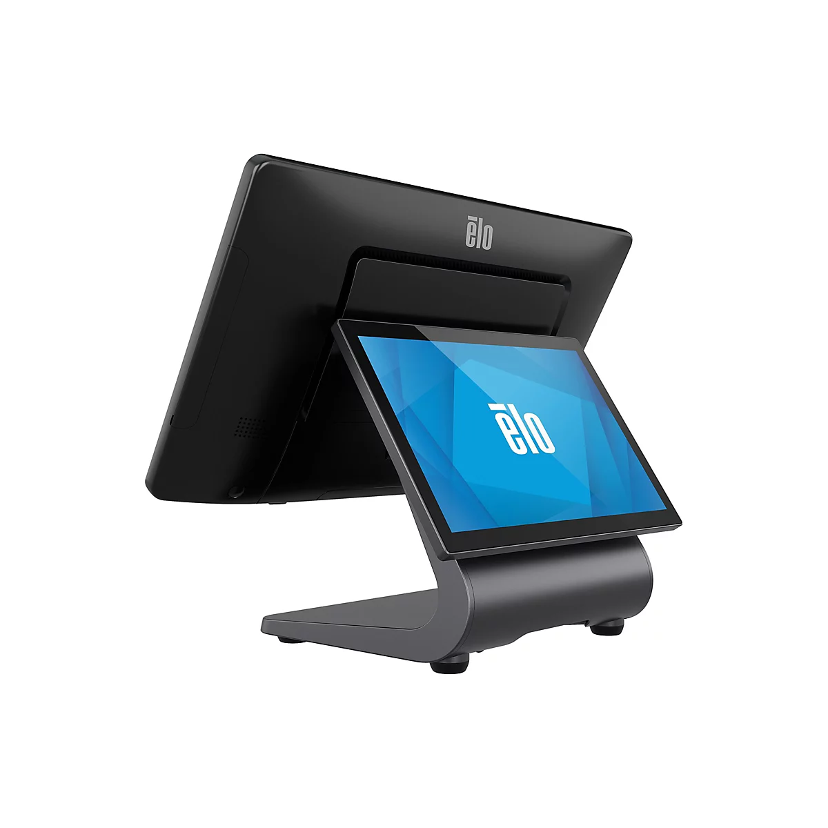 Ein schwarzes Kassensystem, das aus einem großen Bildschirm und einem kleineren Touchscreen besteht. Beide zeigen das Elo-Logo. Das System steht auf einem grauen Sockel.