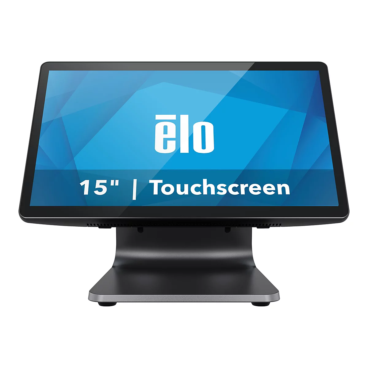 Ein schwarzer Elo Touchscreen-Monitor, der auf einem grauen Standfuß steht. Auf dem Bildschirm steht weiß "elo" und darunter "15" | Touchscreen" auf blauem Hintergrund.