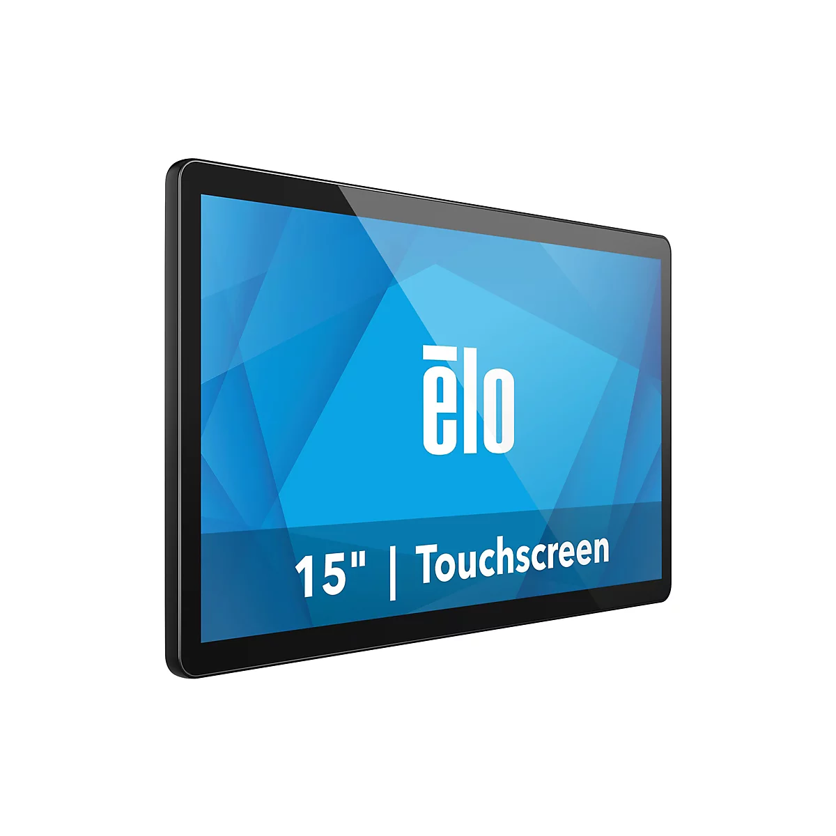 Ein schwarzes Touchscreen-Tablet, der Bildschirm zeigt das Logo „ēlo“ mit der Aufschrift „15" | Touchscreen“.
