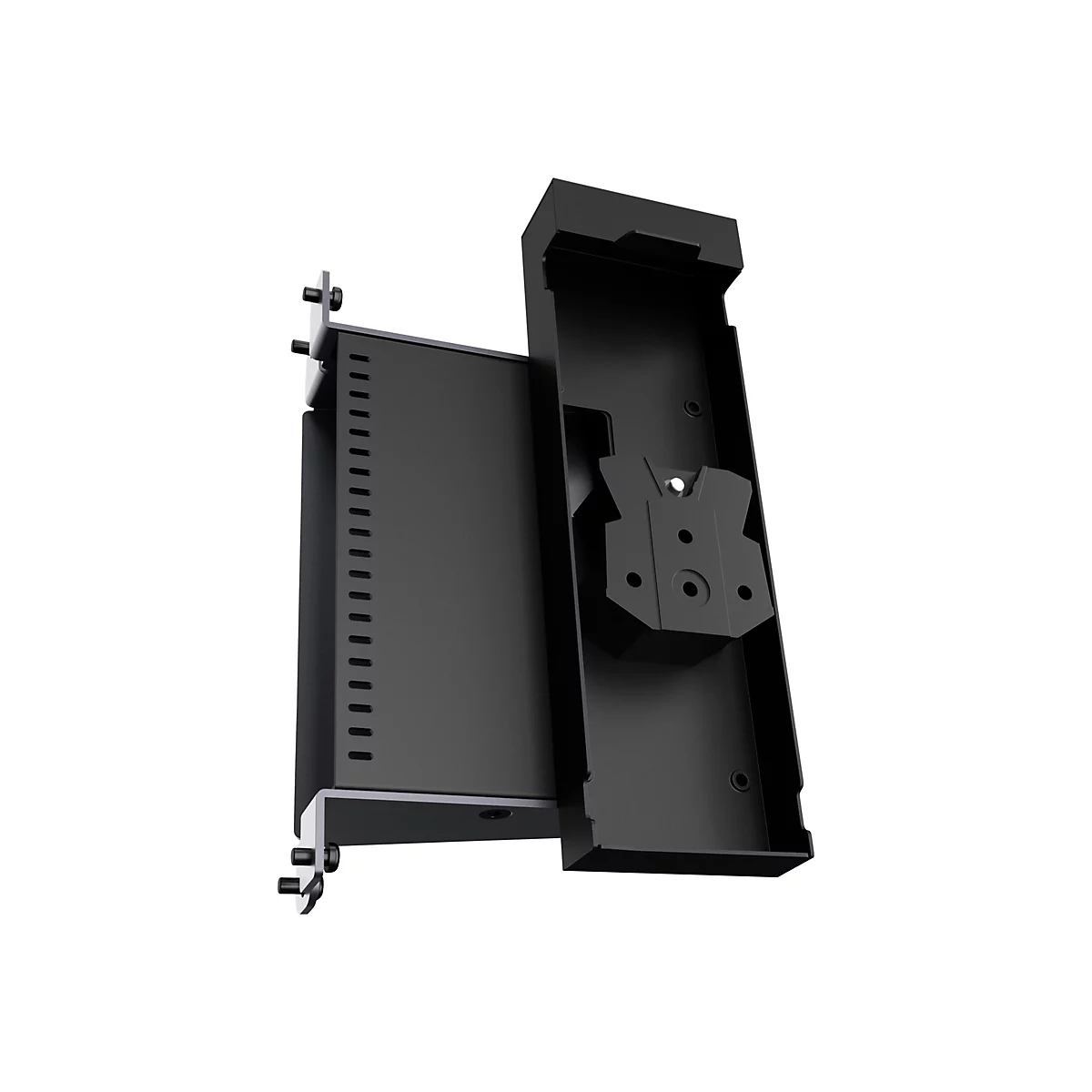 Schwarzes Rack-Montage-Zubehör, das teilweise geöffnet und von der Seite gezeigt wird.