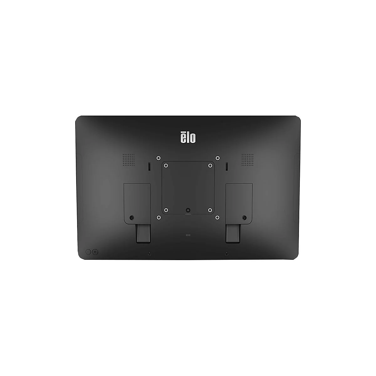 Rückseite eines schwarzen Elo-Touchscreen-Monitors mit Befestigungspunkten und dem Elo-Logo.