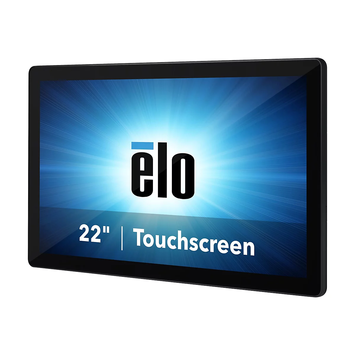 Ein schwarzer Touchscreen-Monitor mit dem Elo-Logo, darunter der Schriftzug 22" Touchscreen, vor blauem Hintergrund.