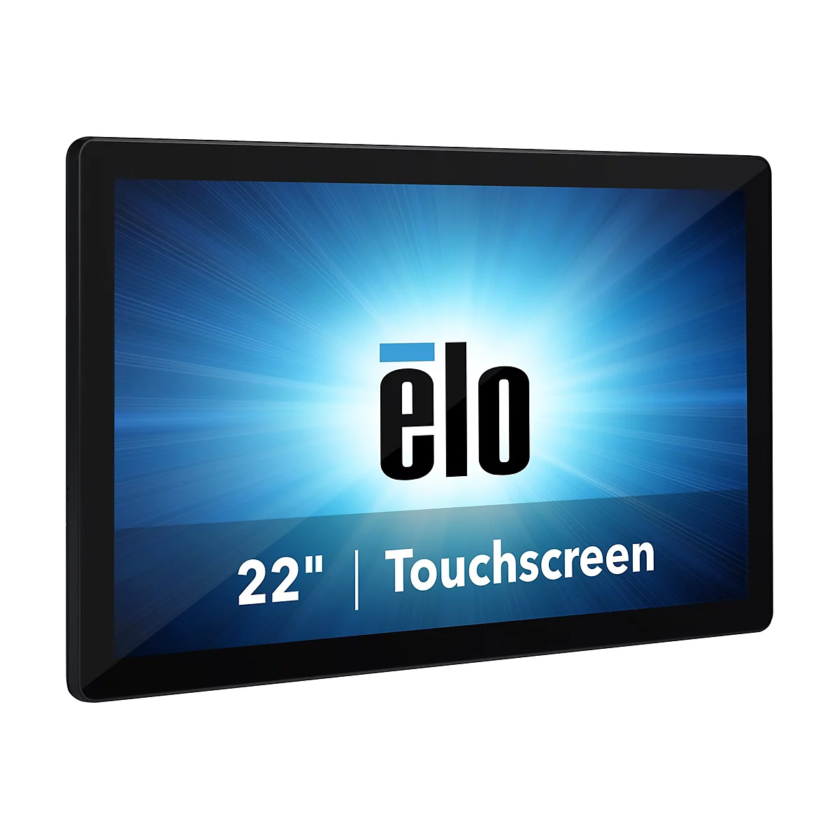 Ein schwarzer Touchscreen-Monitor mit dem Schriftzug "elo". Darunter steht "22" Touchscreen". Der Hintergrund ist blau mit weißen Lichtstrahlen.
