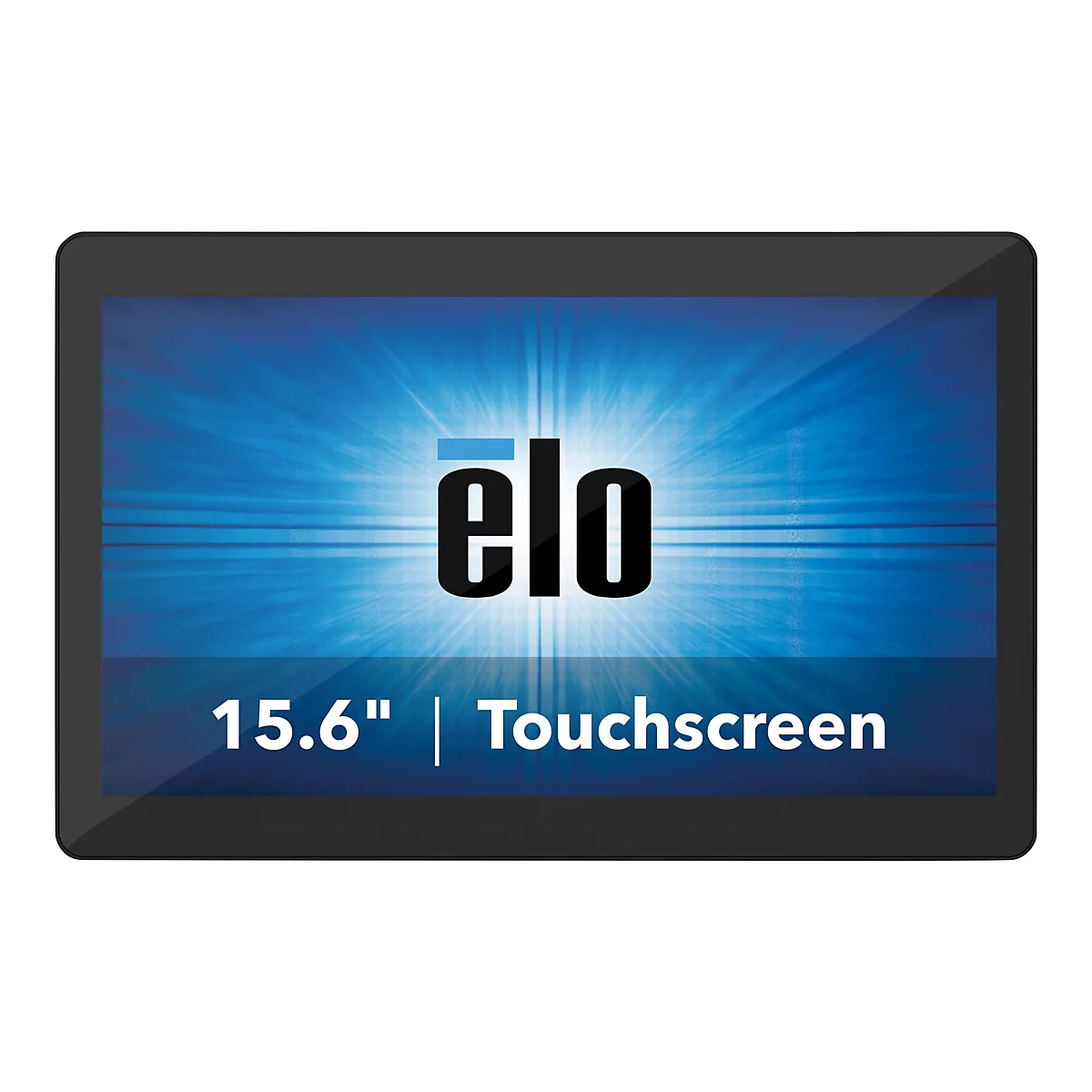 Schwarzer Touchscreen-Monitor mit Elo-Logo, 15,6 Zoll und der Aufschrift "Touchscreen" auf blauem Hintergrund.