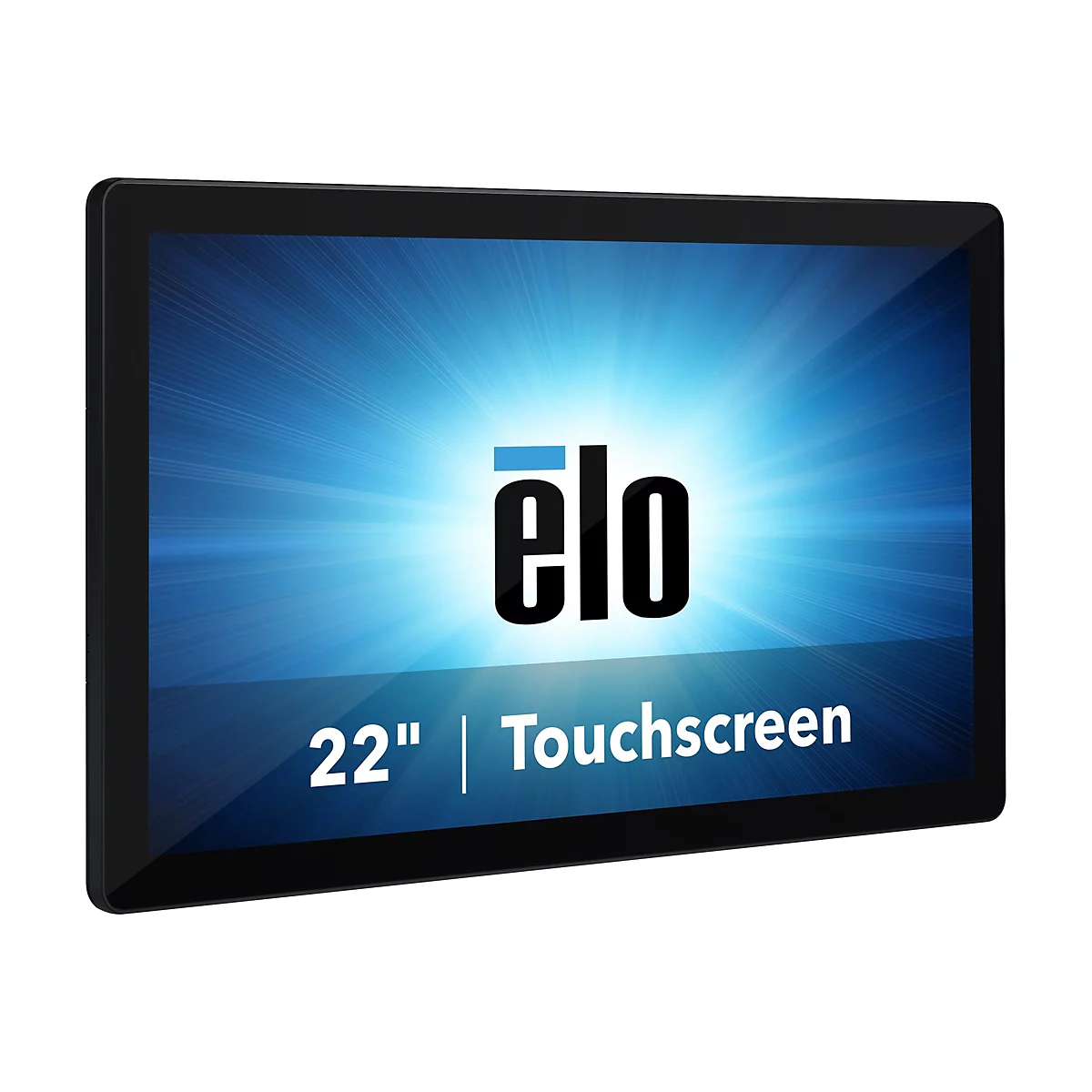 Ein schwarzer Touchscreen-Monitor mit dem Logo „elo“ und der Aufschrift „22 Zoll Touchscreen“ vor blauem Hintergrund.