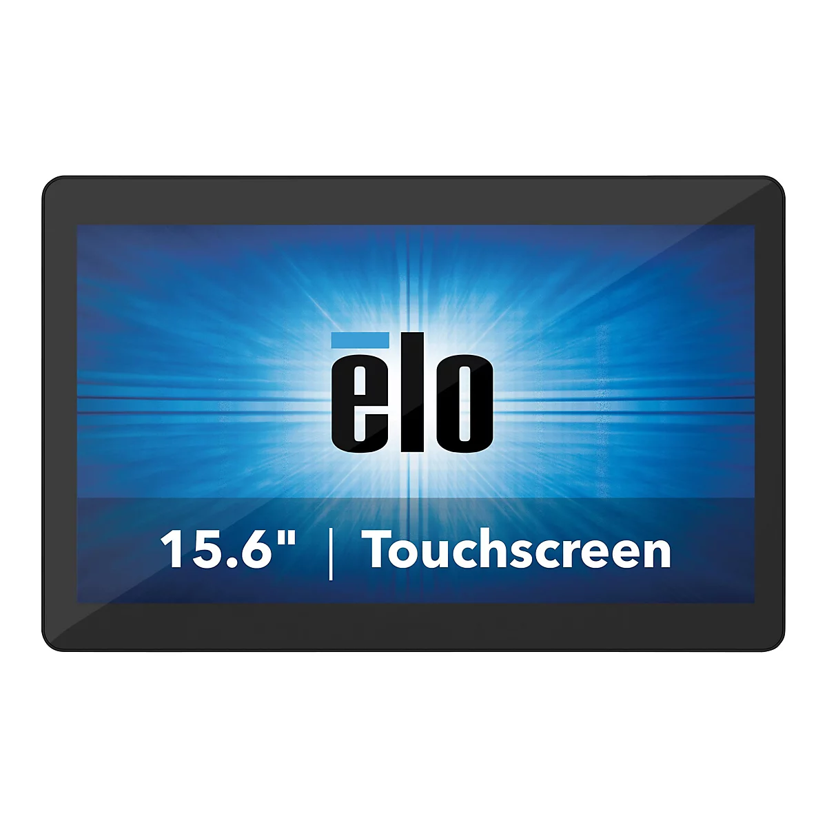 Schwarzes Touchscreen-Tablet mit blauem Hintergrund. Darauf steht das Logo "elo" und die Schriftzüge "15.6" Touchscreen".