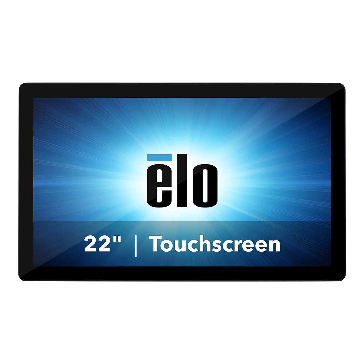 Ein schwarzes 22 Zoll Touchscreen-Display mit blauem Hintergrund und Logo.