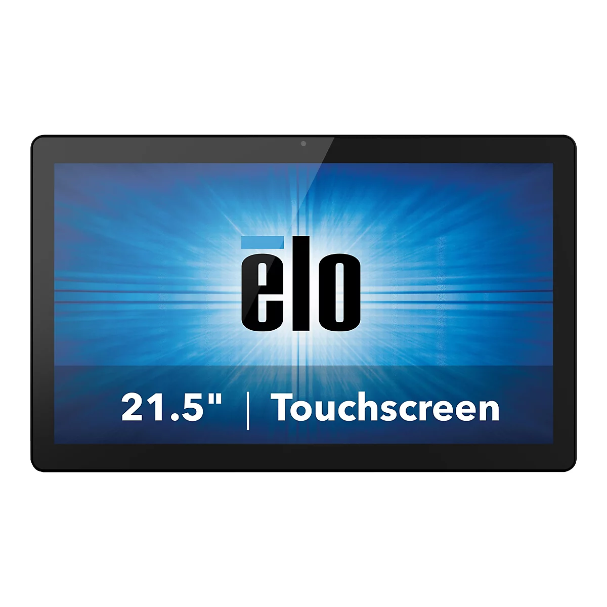 Ein schwarzes 21,5 Zoll Touchscreen-Display mit blauem Hintergrund und Elo-Logo.