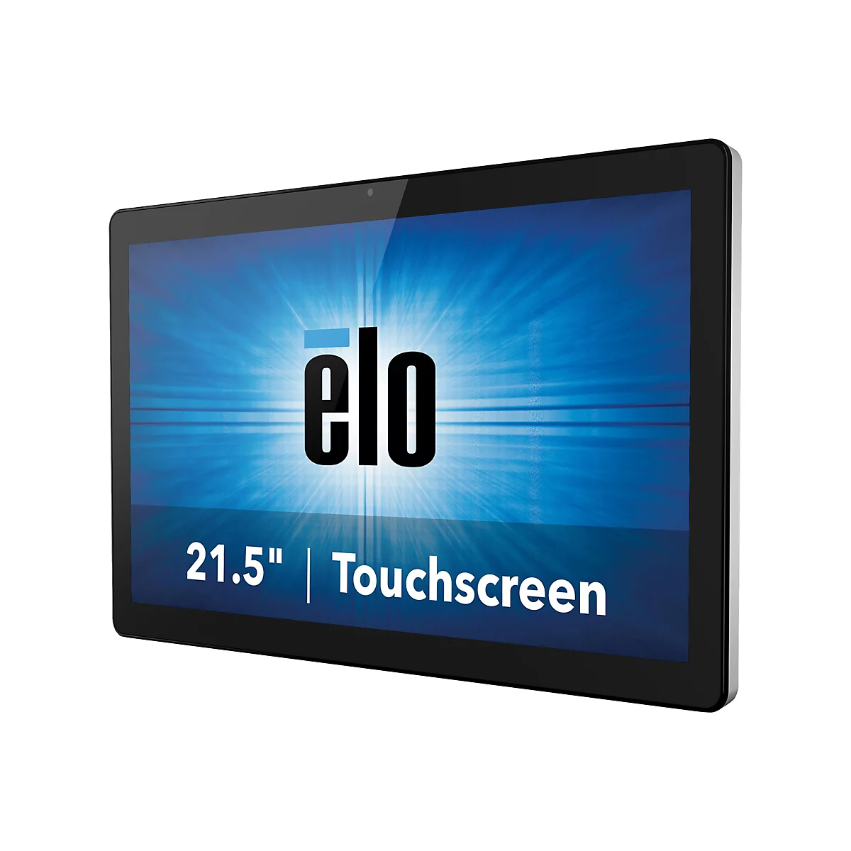 Ein Touchscreen-Monitor mit dem Schriftzug „elo“ auf blauem Hintergrund. Darunter steht 21.5" | Touchscreen.