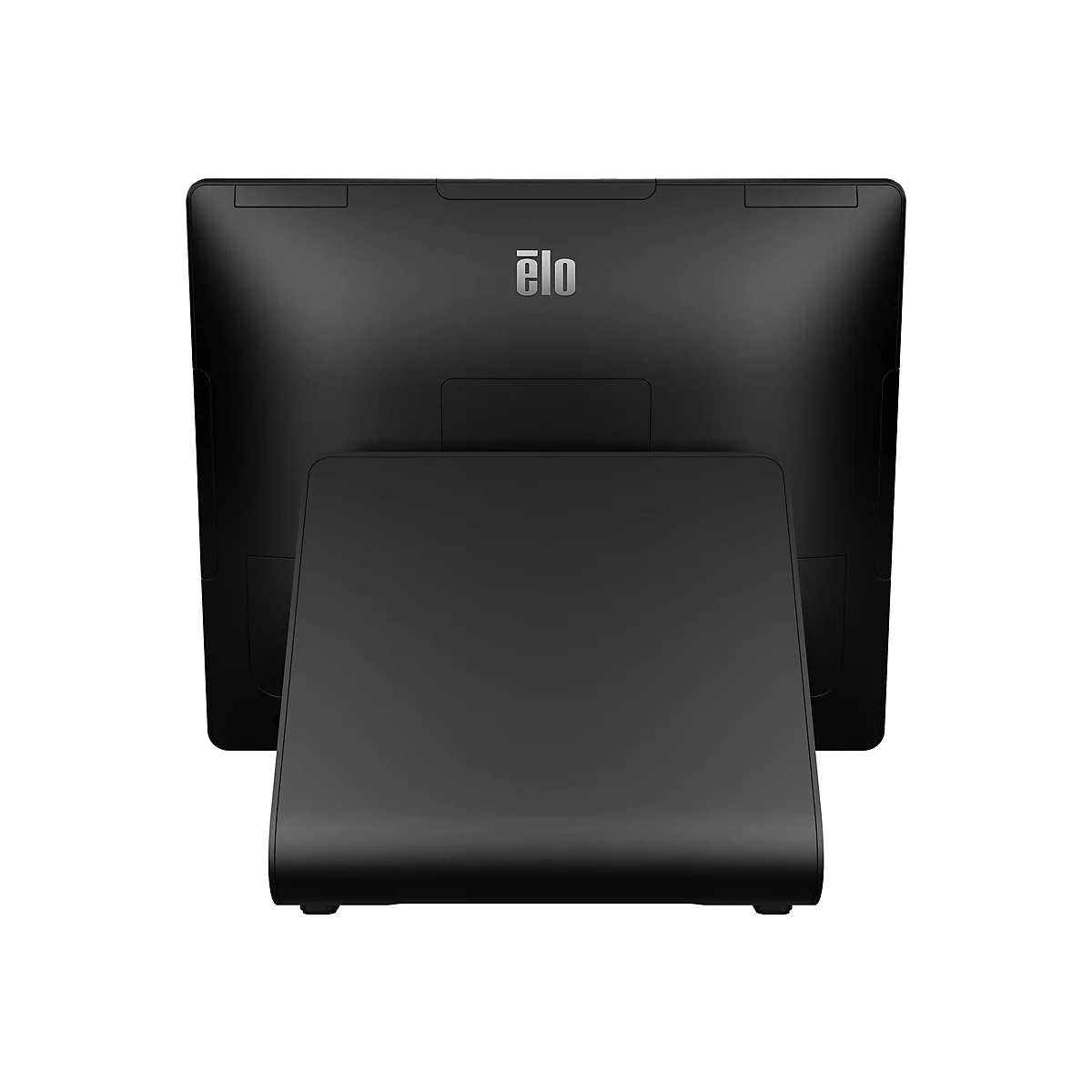 Schwarzer Touchscreen-Monitor mit Aufsteller. Auf dem Monitor steht "ělo".