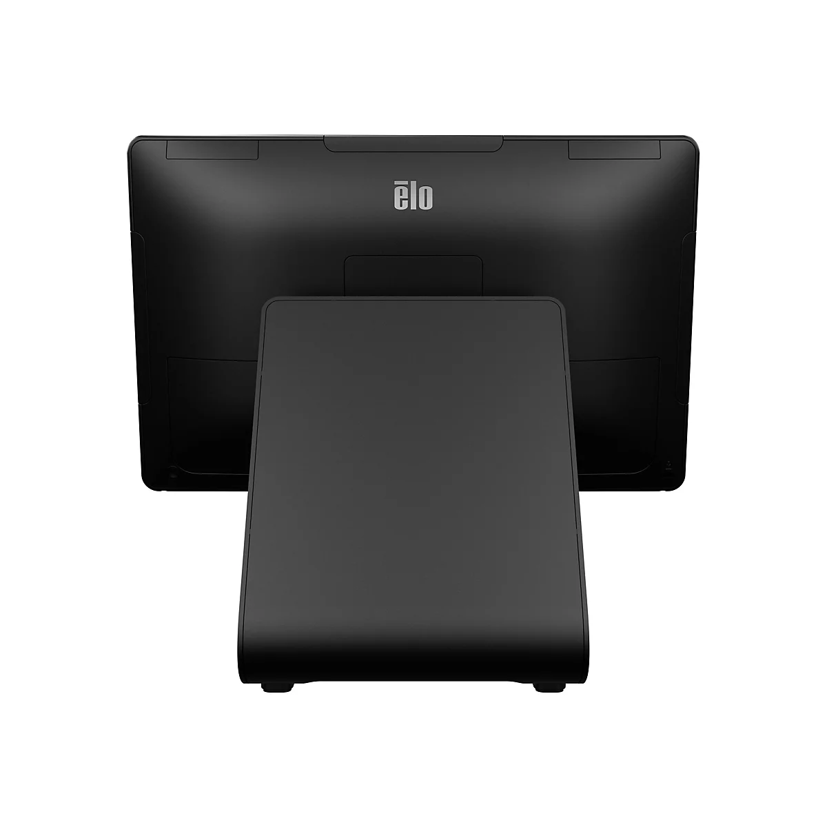 Ein schwarzer Touchscreen-Monitor mit Standfuß, Ansicht von hinten, vor weißem Hintergrund. Elo-Logo oben.