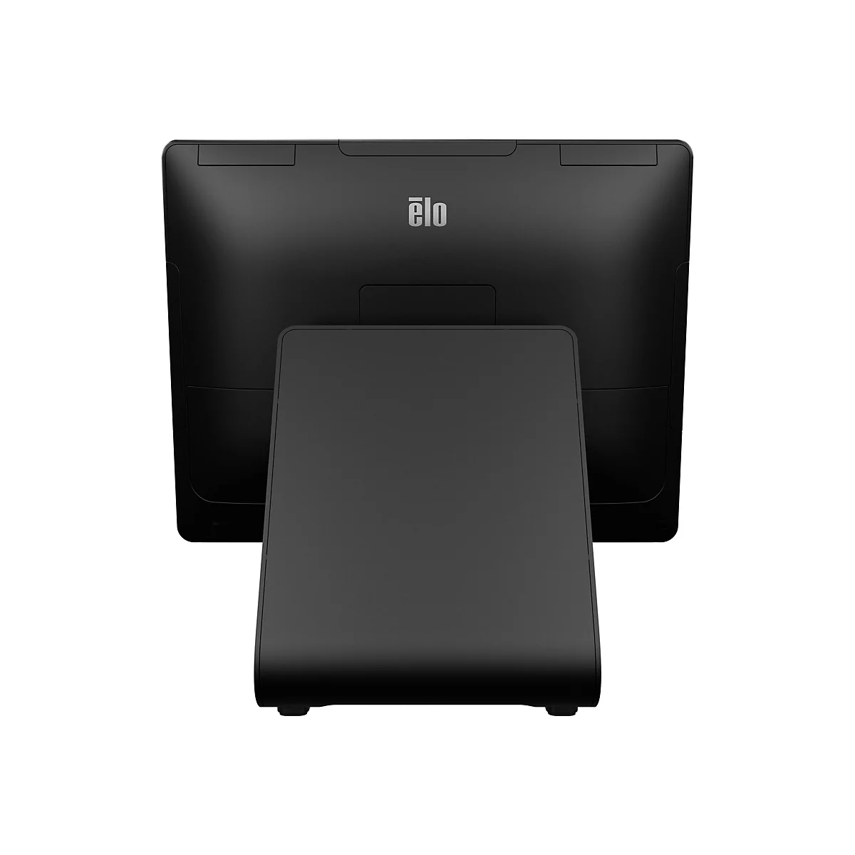 Schwarzer Touchscreen-Monitor mit Ständer. Das Logo "ēlo" ist oben zentriert. Der Bildschirm und der Ständer sind dunkelgrau.