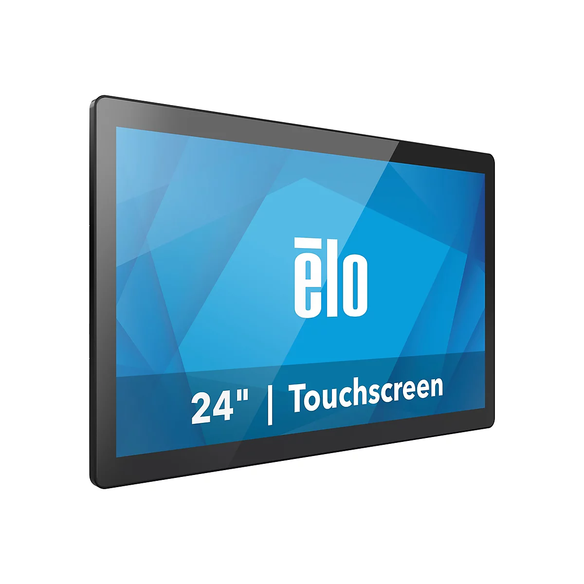 Schwarzer Touchscreen-Monitor, blaue Oberfläche mit Logo und Schriftzug.