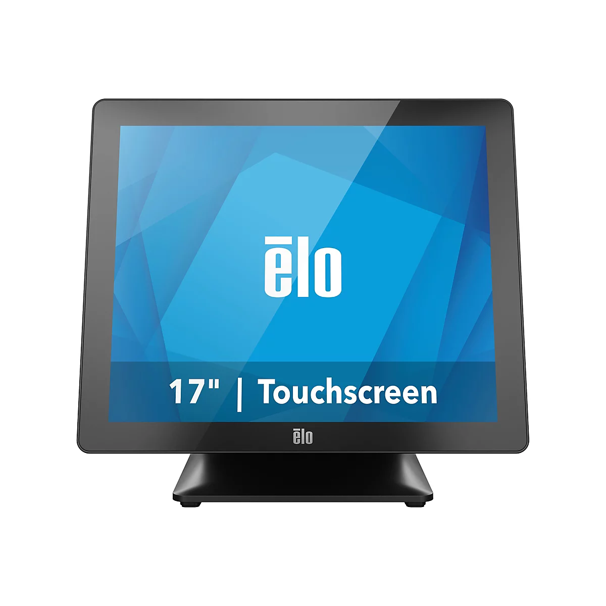 Schwarzer Touchscreen-Monitor mit dem Logo "ēlo", Schriftzug "17" | Touchscreen".