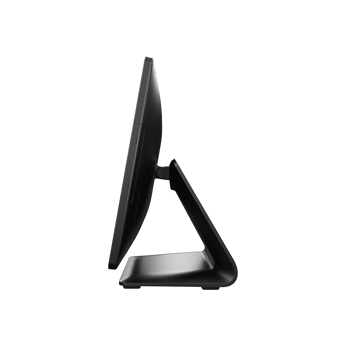 Ein schwarzer Monitor im Profil, leicht nach hinten geneigt. Der Standfuß ist ebenfalls schwarz.
