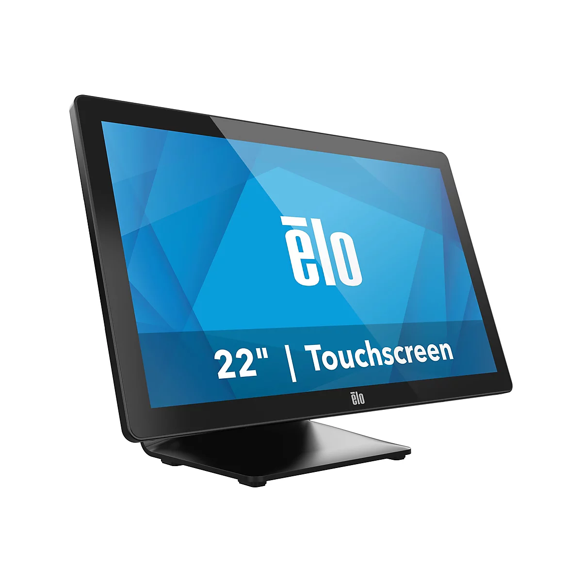 Ein Touchscreen-Monitor von Elo auf weißem Hintergrund. Der schwarze Monitor hat einen blauen Bildschirm mit dem Elo-Logo und der Aufschrift 22" | Touchscreen.