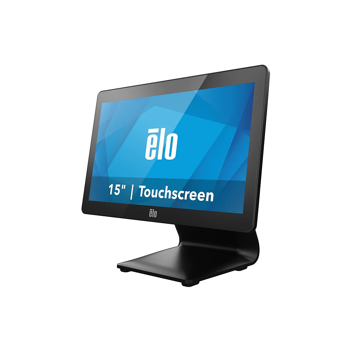 Schwarzer Touchscreen-Monitor mit Elo-Logo und der Aufschrift 15" | Touchscreen auf blauem Hintergrund. Der Monitor ist vor weißem Hintergrund abgebildet.