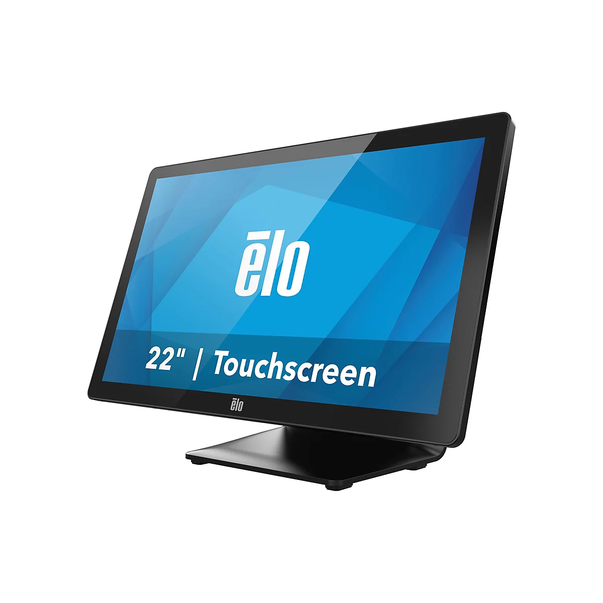 Ein schwarzer Touchscreen-Monitor mit der Aufschrift "22" | Touchscreen" und dem Logo "ēlo" auf blauem Hintergrund.