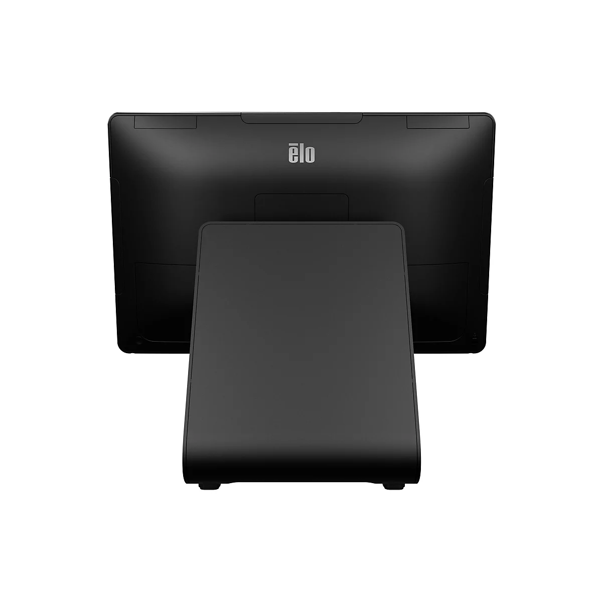 Schwarzer Touchscreen-Monitor mit Standfuß, Ansicht von hinten, Elo-Logo oben.