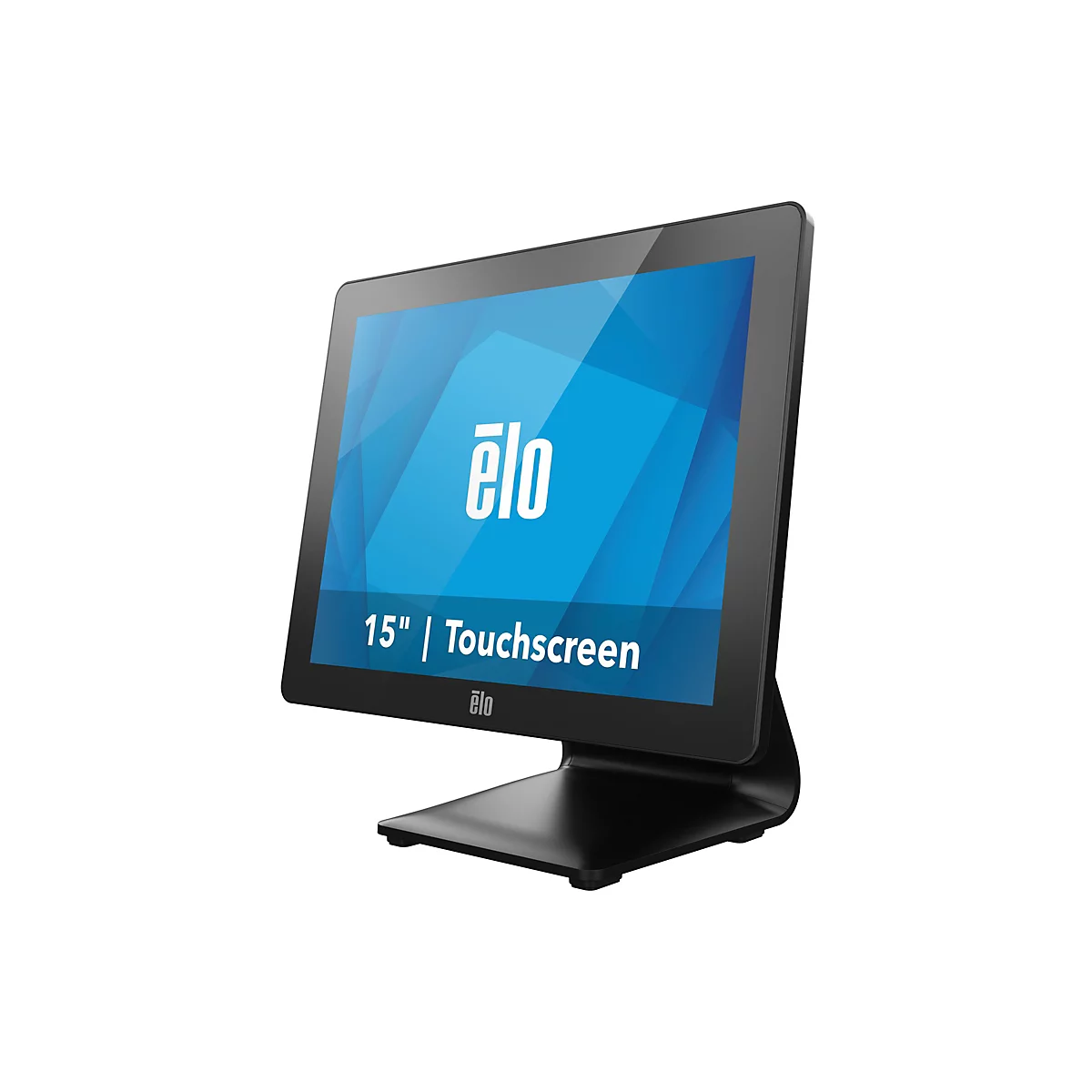 Ein schwarzes Elo-Touchscreen-Display mit blauem Bildschirm. Auf dem Bildschirm ist das Logo "elo" und die Aufschrift "15" | Touchscreen" zu sehen. Das Display steht auf einem schwarzen Sockel.