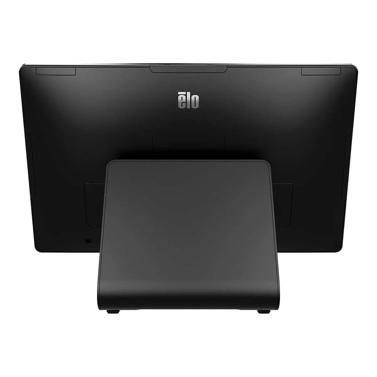 Schwarzer Elo-Monitor auf weißem Hintergrund. Elo-Logo. Der Monitor ist auf einem schwarzen Standfuß platziert.