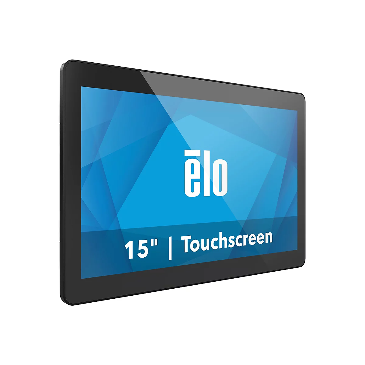 Ein schwarzes Touchscreen-Display mit dem Logo "élo" und der Aufschrift "15" | Touchscreen" auf blauem Hintergrund.