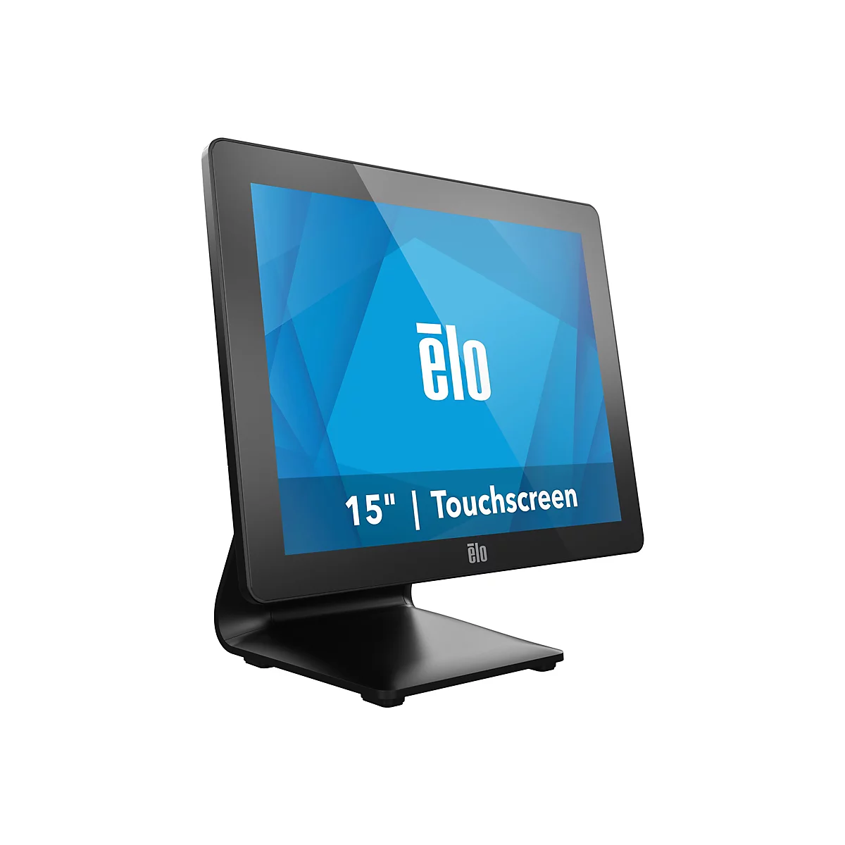 Schwarzer Touchscreen-Monitor mit blauem Bildschirm und weißem Logo. Darunter steht "15" | Touchscreen".