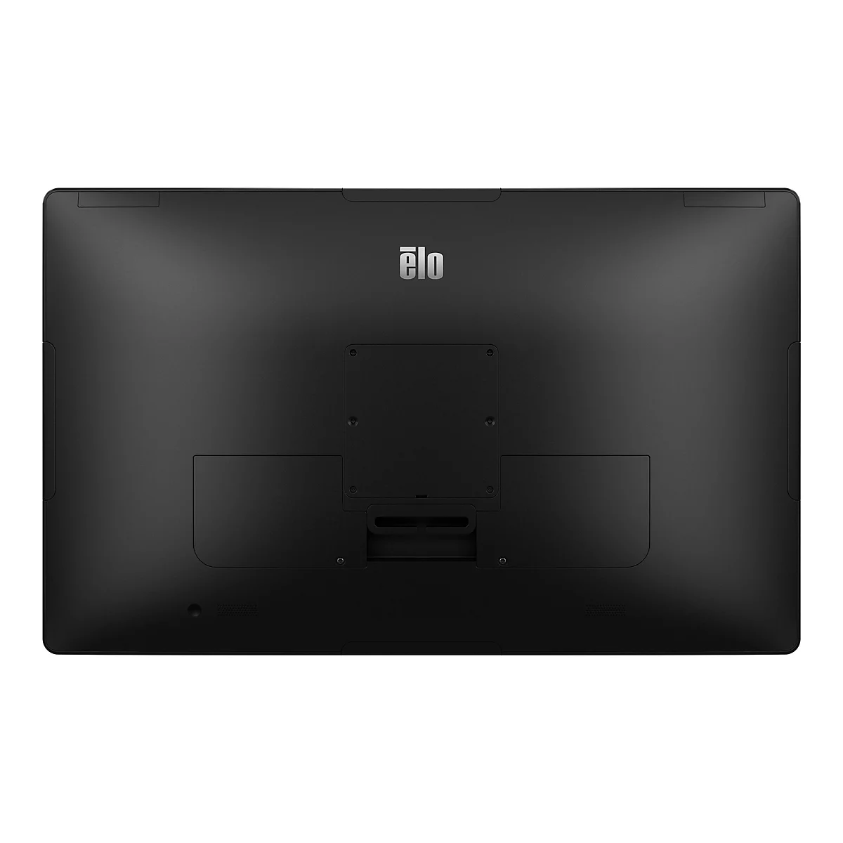 Rückseite eines schwarzen Elo-Touchscreen-Monitors mit Elo-Logo, Anschlüssen und Befestigungspunkten.