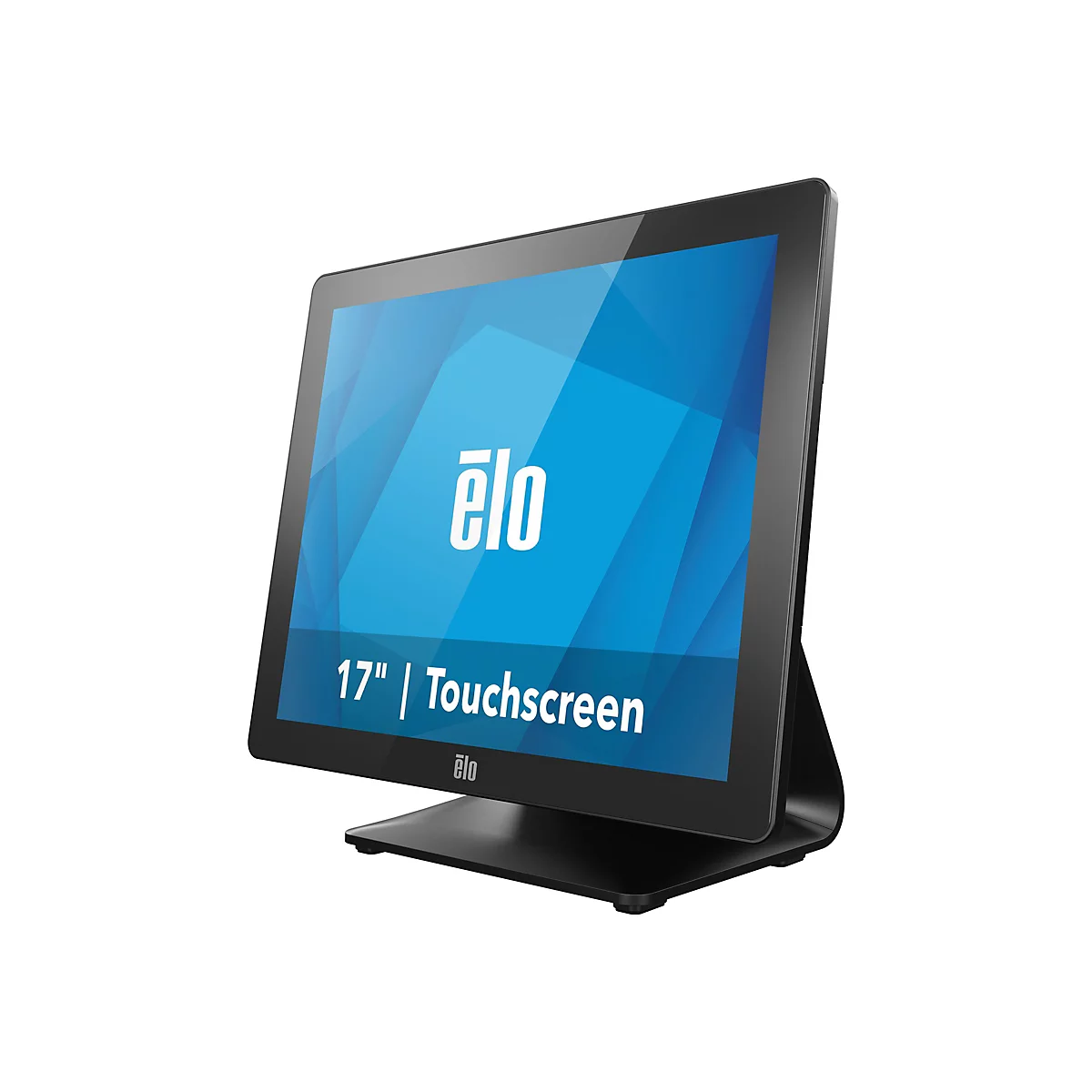 Schwarzer Touchscreen-Monitor mit 17-Zoll-Bildschirm und weißem Text vor weißem Hintergrund.