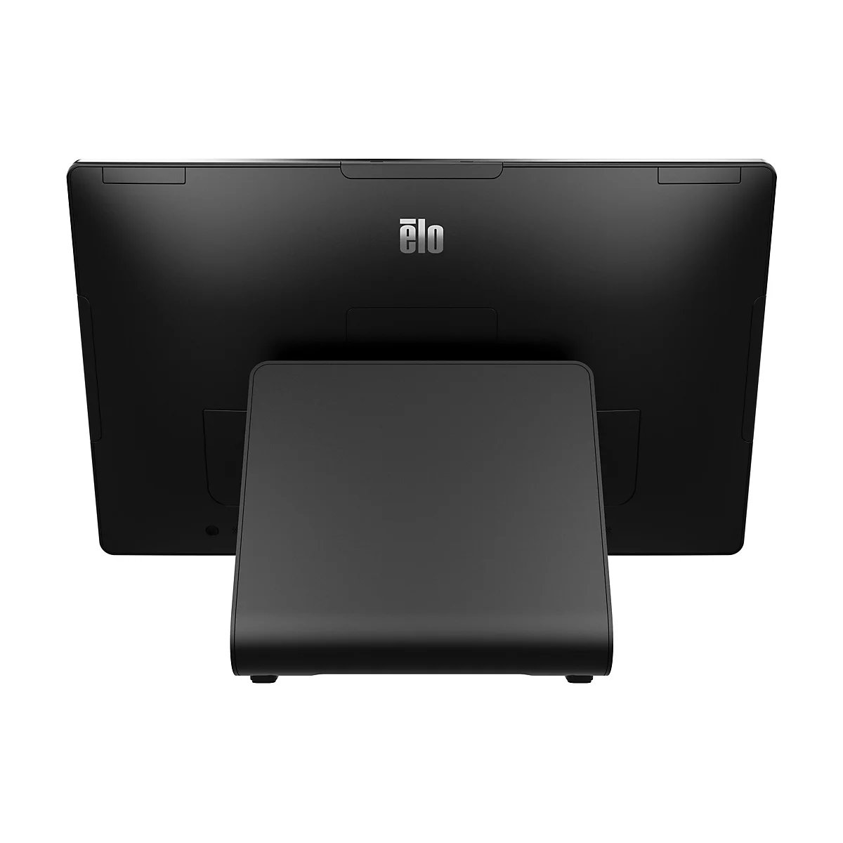 Rückansicht eines schwarzen Touchscreens mit eingebautem Ständer und Elo-Logo.