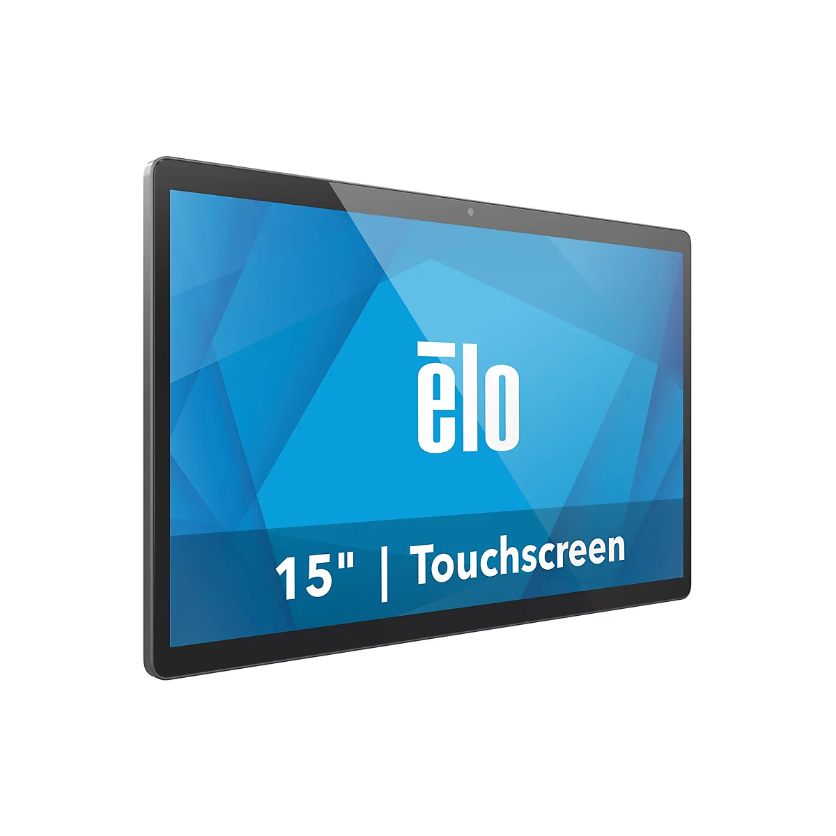 Ein Touchscreen-Tablet mit dem Elo-Logo, 15 Zoll. Blaues Display mit weißen Buchstaben.