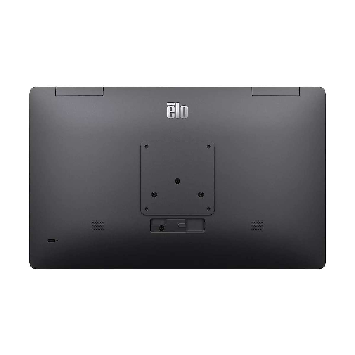 Rückseite eines schwarzen Elo-Touchscreen-Monitors mit Logo. Unten Anschlüsse und Lautsprecher.