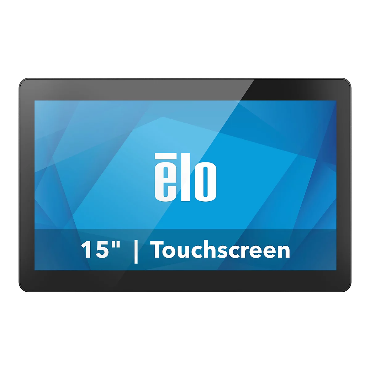 15-Zoll Elo Touchscreen mit blauem, geometrischem Hintergrund und weißem Logo.