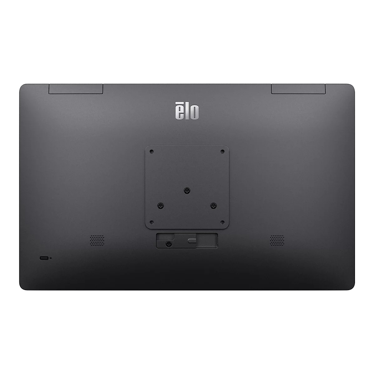 Arrière d'un écran tactile Elo noir avec logo, dispositif de montage et ports.