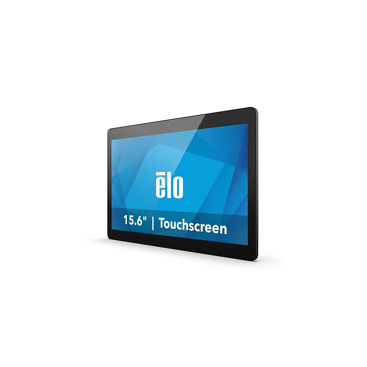 Ein schwarzes 15,6-Zoll-Touchscreen-Tablet mit blauem Bildschirm, auf dem das Elo-Logo steht.